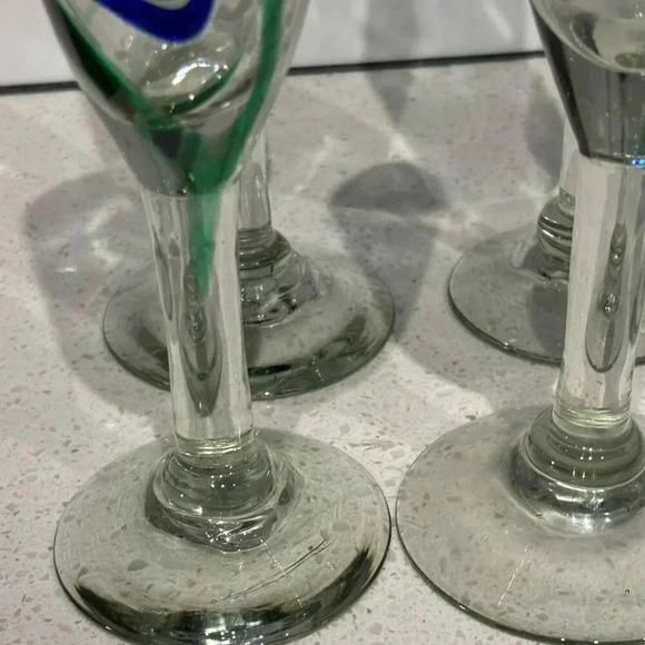 Vintage Set of 4 Handblown Turquoise Waves Champagne Flutes Glass Clear Sz 10x2 - Picture 5 of 9